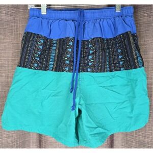 Vtg Fast Breakers Men M Swim Trunks 5" Nylon Liner Teal Blue Tribal Shorts Aztec